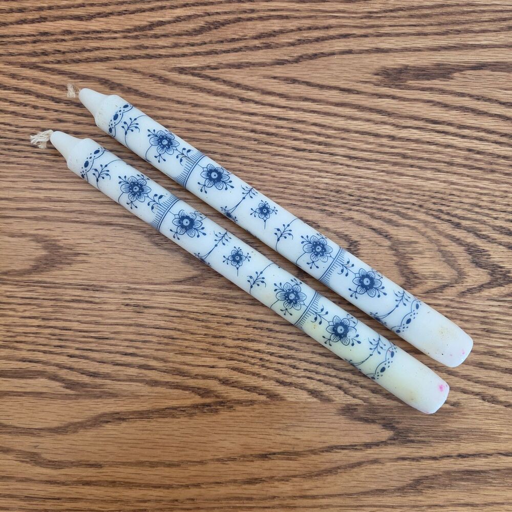 Vintage Kunstindustrien Denmark Royal Taper Candles - Blue Fluted Pattern (Pair)
